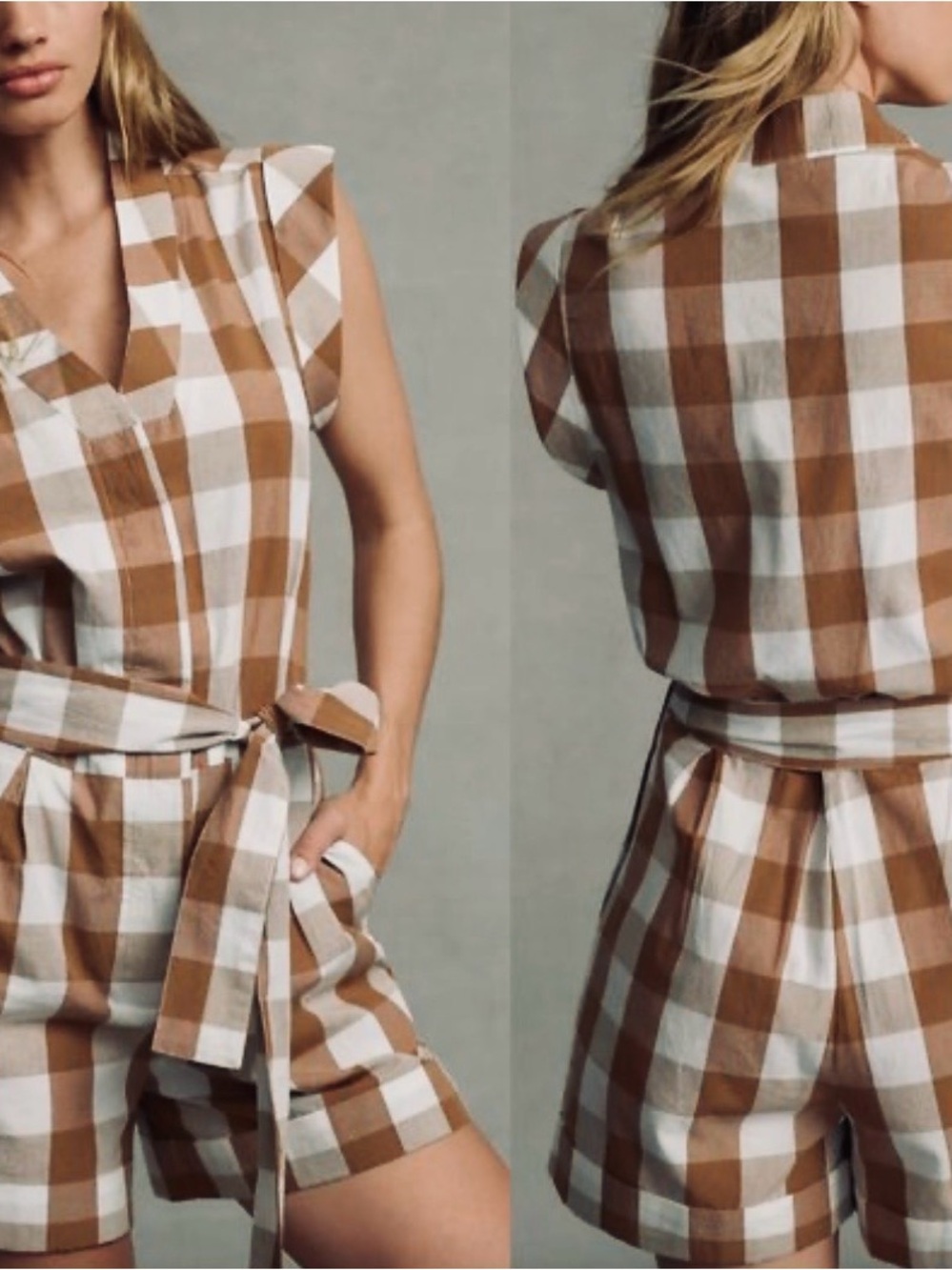 Sleeveless Brown & White Gingham Tie-Waist Romper